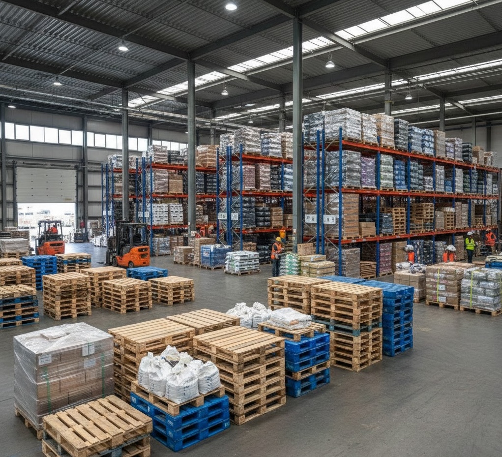 Various pallet sizes in our warehouse inventory